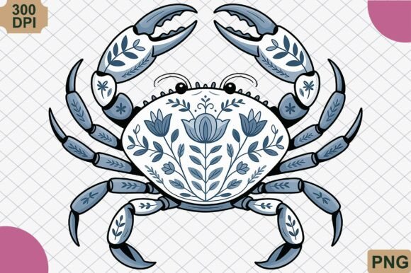 Download Blue Floral Crab Vintage Ocean PNG - Png Collection